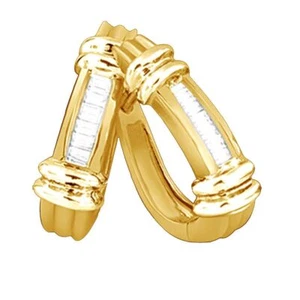 Ladies 1/4 Ct Baguette Cut Diamond 10K Yellow Gold Huggies Hoop Earrings - Picture 1 of 6