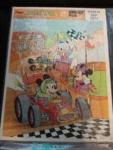 Vintage Disney Mickey Mouse Puzzle Frame Tray Golden Race Car Minnie Donald - Picture 1 of 2