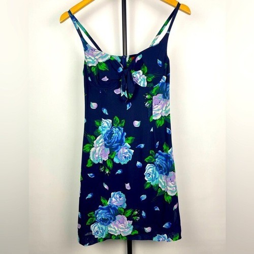 Mini Abito Vintage Kenzo Jungle Blu Navy Rosa Floreale Senza Maniche TAGLIA SMALL