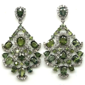 925 Sterling Silver Green Sapphire & Zircon Earrings White Gold Plated - Picture 1 of 4