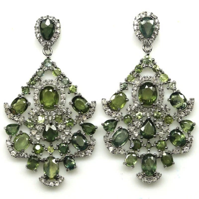 925 Sterling Silver Green Sapphire & Zircon Earrings White Gold Plated - Image 1 of 4