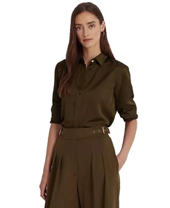 Lauren Ralph Lauren Women's Brown Solid Satin Charmeuse Shirt Plus Size 3X - Picture 1 of 7