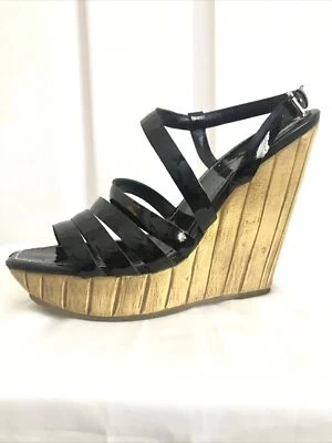 Jessica Simpson Negro Charol Tirantes Madera Aspecto Tacón de Cuña Talla 8 1/2 Foto 1 de 4