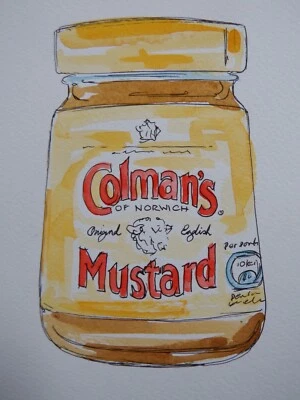 Original watercolour painting condiment painting of a jar of Colman's Mustard - Image 1 of 4
