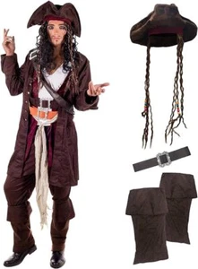 Men`s Caribbean Pirate Captain Costume + Hat + Wig Jack Sparrow M - XL Halloween - Picture 1 of 7