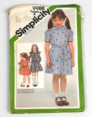 1981 Simplicity 9988 Cut Sewing Pattern Girls Dress with Tie Belt Size B&4 Child - Image 1 of 4