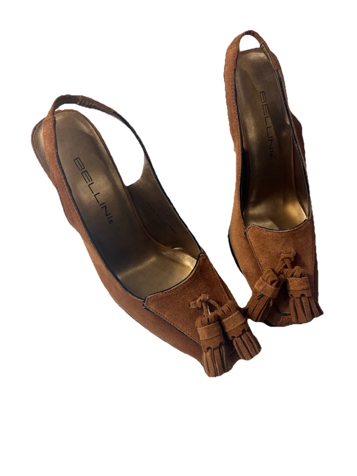 Bellini 7W Camurça Marrom Camelo Estilingue Traseiro Bombas Borla Biqueira Quadrada Estilo Vintage  - Imagem 1 de 4