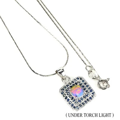 Collana in argento sterling 925 opale di fuoco rotondo 6 mm zaffiro gemma... - Immagine 1 di 4