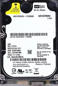 WD10TMVW-11ZSMS5 dcm: EHMT2HBN s/n: WXA1E5 JUL 2011 Thailand 1TB 2.5" USB 3.0 WD - Picture 1 of 5