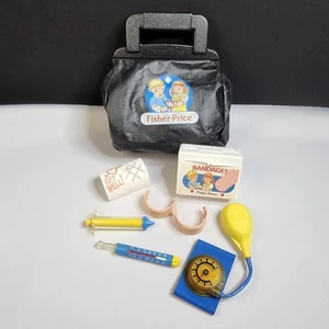 Vintage Fisher-Price Medical Kit Black Bag Doctor Nurse 7 Accessories - Picture 1 of 15