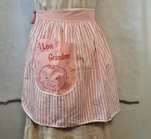 Vintage Half Apron Pink Candy Stripe Cotton I Love Grandma Pocket Retro - Picture 1 of 5