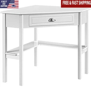 Triangular Computer Desk Corner Table with Large Drawer & Storage Shelves White - Picture 1 of 6