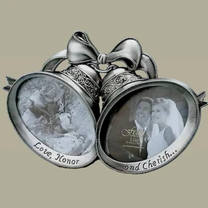 Fetco Wedding Bells Pewter Frame Double Photo Pictures Bling Love Honor Cherish - Picture 1 of 8