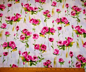 Floral Fabric By Yard Bright Pink Rose Grn Leaf on Lt Blue Wht Premium Cotton C - Picture 1 of 2