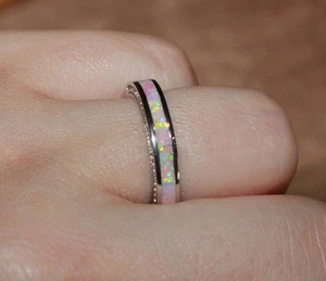 inlaid lab fire opal ring gems silver plate jewelry engagement wedding evening - Picture 1 of 13