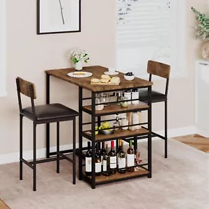 Dining Table Set for 1 Table and 2 Chairs, with 3 Storage Shelves Bar Table Set - Picture 1 of 10