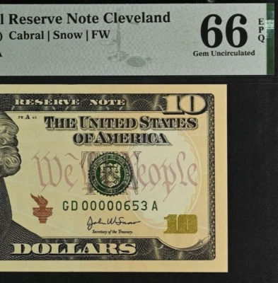 2004A $10 Cleveland FRN PMG 66EPQ gem three digit low serial number 00000653 - Image 1 of 3