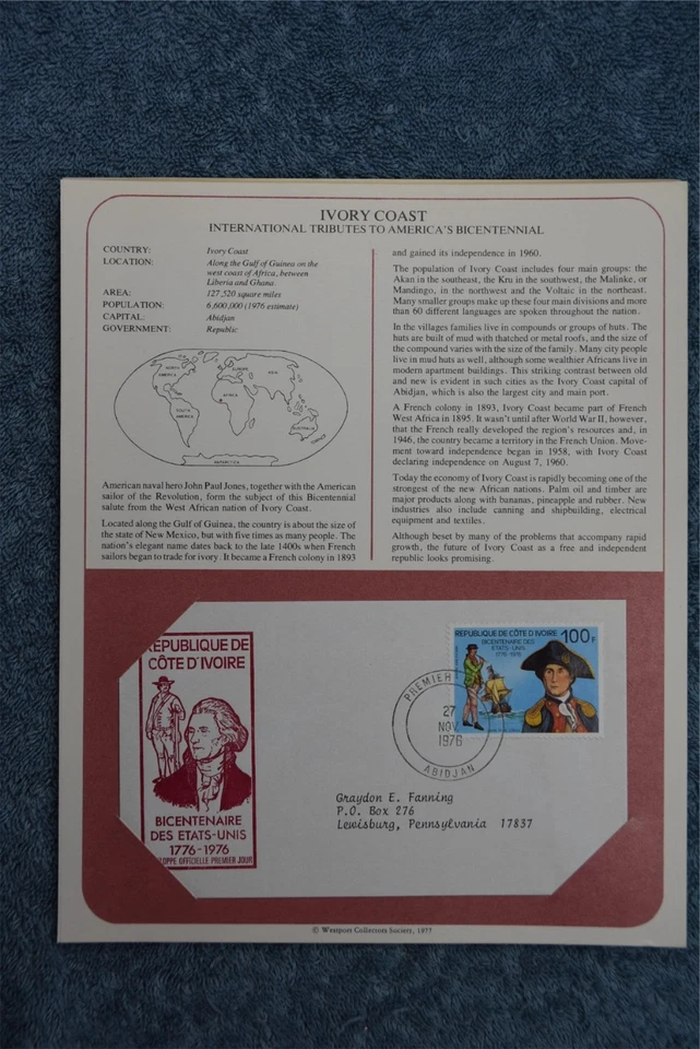 1975 Tributes to America's Bicentennial Souvenir Card - Ivory Coast - Image 1 of 1