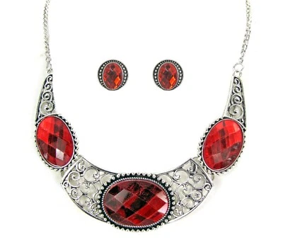 Красный большой кристалл заявление ожерелье и серьги комплект с прокруткой дизайн - новый - Изображение 1 из 4