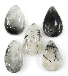 64.60 Ct Natural Black Rutile Quartz Gemstone 21-22 mm Cabochon 5 Pc Lot- 61752 - Picture 1 of 2