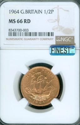 1964 GREAT BRITAIN HALF PENNY NGC MS66 RD PQ MAC FINEST GRADE & SPOTLESS . - Image 1 of 4
