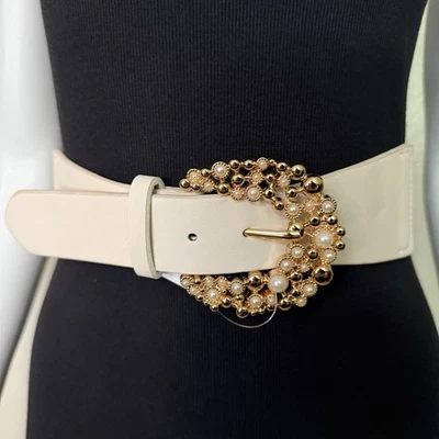 Cinturón elástico de cuero PU marfil hebilla tono dorado con detalles de perlas sintéticas Foto 1 de 4