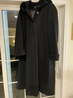 Vtg Donny Brook Long Black Coat Fur Trimmed Hood Women’s Size 16 Made In Ukraine - Image 1 of 4