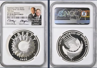2025 P SILVER PROOF LIBERTY MEDAL PF70 ADVANCE RELEASES MOY/RYDER SIGNED LABEL  - Image 1 of 2