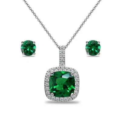 925 Silber Simulierte Smaragd & Weiß Topas Kissen-Schliff Halskette & Ohrringe - Bild 1 von 3