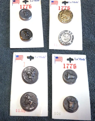 Lot of 8 Metal La Mode 1776 Patriotic Buttons on 4 Original Cards Indian Soldier - Image 1 of 3