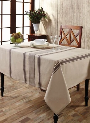 Tablecloth Square 57 x 60 in Grain Sack Stripe Slate Beige Farmhouse Decor - Image 1 of 4