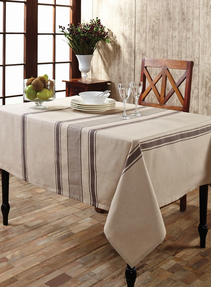Tablecloth Rectangle 57 x 80 in Grain Sack Stripe Slate Beige Farmhouse Decor - Image 1 of 4