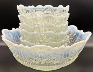 Antique Northwood Pearls Flowers Opalescent Serving Dish w 6 Berry Bowls 1900s - Picture 1 of 23