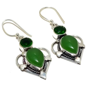 Green Onyx Chrome Quartz Gemstone Silver Plated Earrings Jewelry 1.5" - Picture 1 of 1
