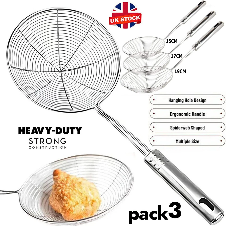 Heavy Duty 3x Ladle Spider Skimmer Kitchen Utensil Stainless Steel Mesh Strainer - Image 1 of 4