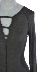 Free People Top T Shirt Cut Out Front Long Sleeve Raw Hem Black Blouse Size XS - Picture 1 of 17