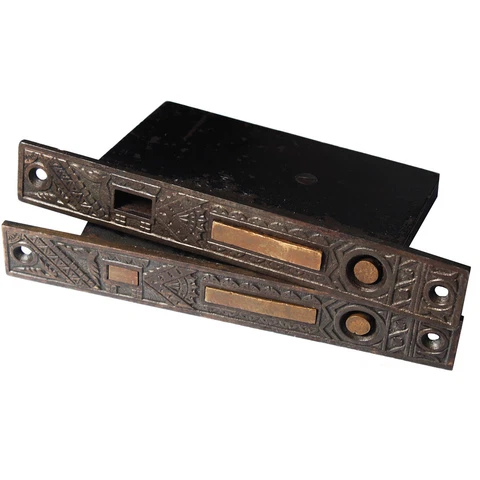 Pair of Antique Eastlake "Oriental" Pocket Door Locks for Double Doors, NML108 Cover