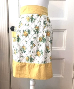 Vintage 30's Half Apron with Pocket & Ric-Rac Trim White Gold Floral - Picture 1 of 4