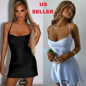 Sexy Satin Mini Dress Bodycon Halter Neck Backless Slim fit Clubwear Party US - Picture 1 of 7