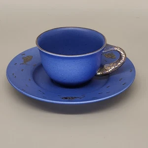 Vtg Handmade Emilia Castillo Plata Pura Blue Pottery Cup & Saucer Silver Fish - Picture 1 of 23
