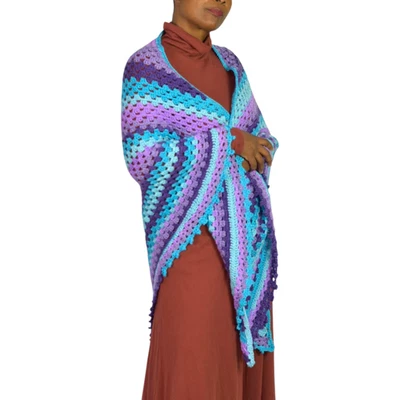 Hand Knit Crochet Shawl One Size Blue Ombre Blanket Wrap Triangle Granny Squares - Image 1 of 4