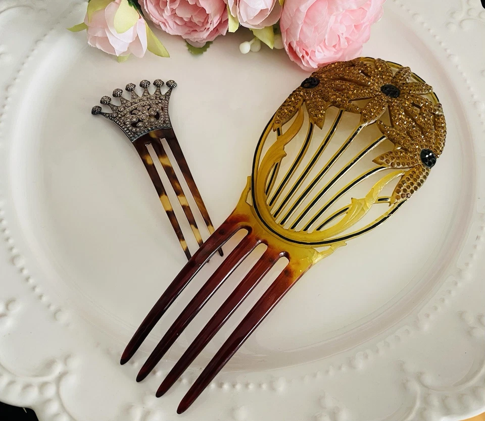 "2 peines de pelo antiguos y vintage Art Deco estrás de celuloide chapados en plata 8,5""" Foto 1 de 4