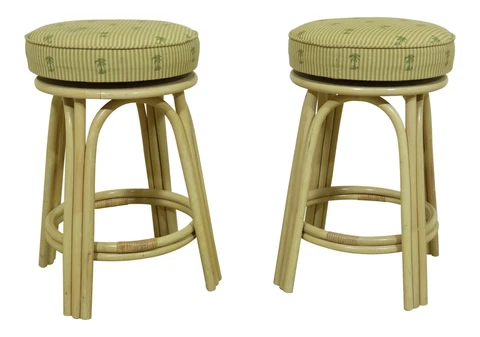 F51765EC: Pair Palm Tree Upholstered Bamboo Bar Stools Cover