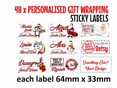 ARTIE FARTIES 48 Personalised CHRISTMAS Gift Wrapping Sticky Labels 64mm x 33mm custom bespoke