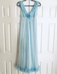 Vintage Chiffon Nightgown Peignoir Slip Dress Blue Sheer 1960s Evette Small USA - Picture 1 of 23