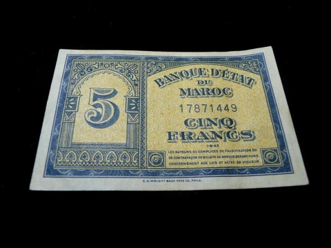 Morocco 5 Francs 1943 P-24 XF Condition SKU# 29790 Cover