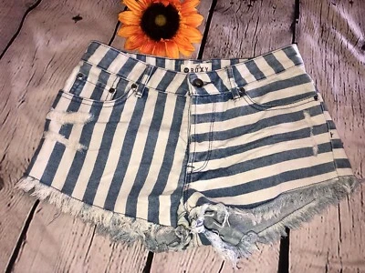 Roxy Denim Striped Shorts Sz 27 Cut Off Jeans Mid Waisted Frayed NWOT - Image 1 of 4