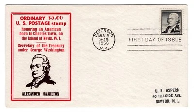 #1053 Hamilton Liberty $5 First Day Cover 1956 - Sanders - Image 1 of 2