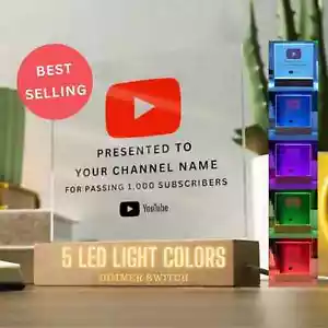 YouTube Play Button Acrylic Plaque, Personalized Custom Gift For Youtuber, LED - Picture 1 of 10