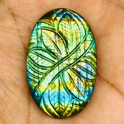 82.50 Cts Natural Carved Labradorit​e 44x28mm Oval Flashy Pendant Size Gemstone - Image 1 of 4